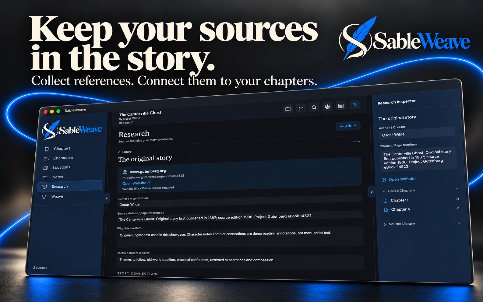 SableWeave research workspace with a source entry and linked chapters