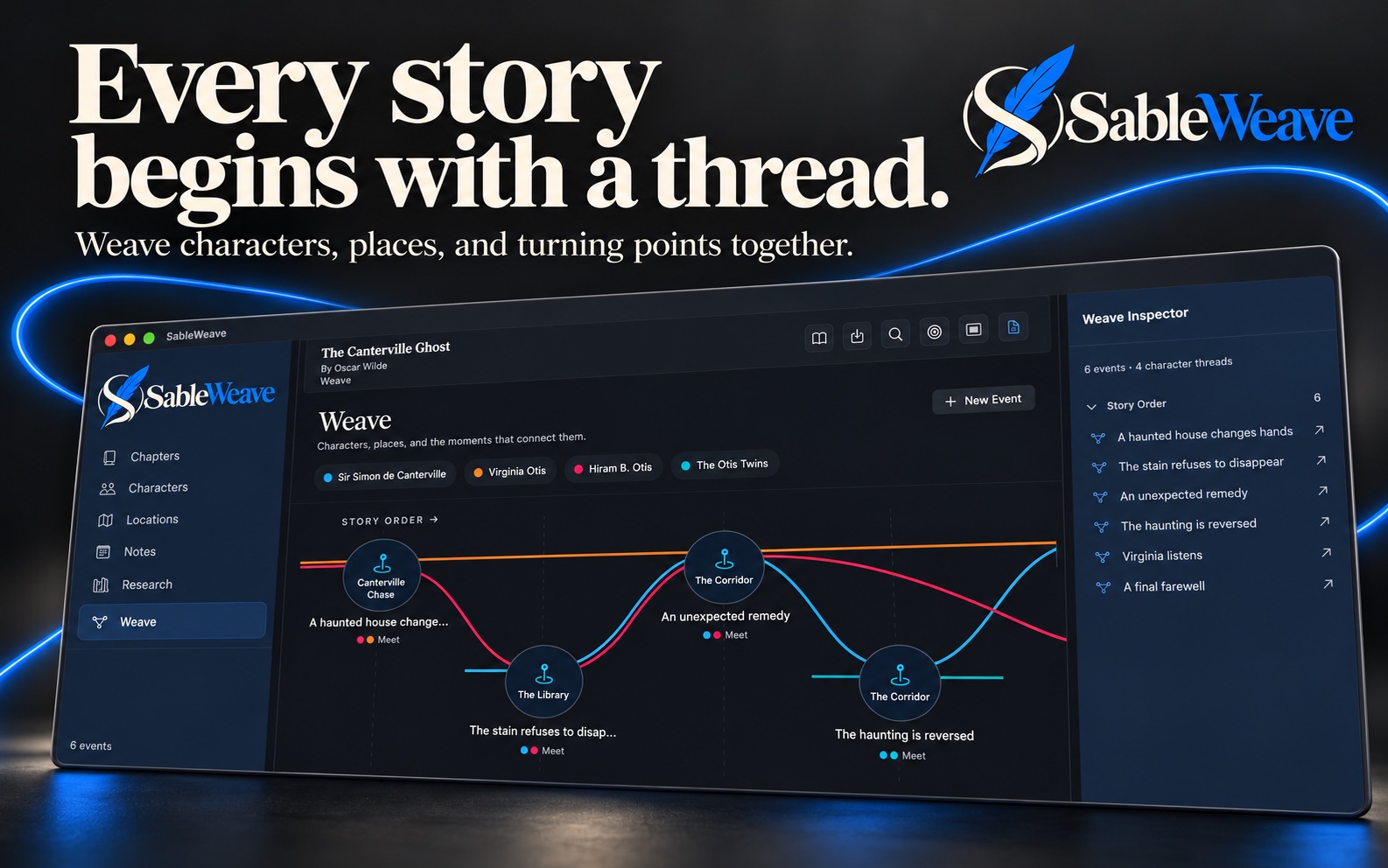 SableWeave Weave timeline showing linked characters, locations, and story events
